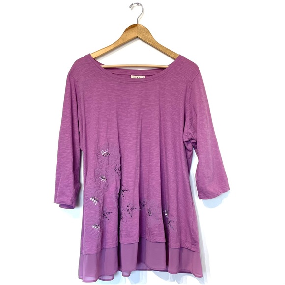 Logo tunic top floral appliqué beaded sheer hem